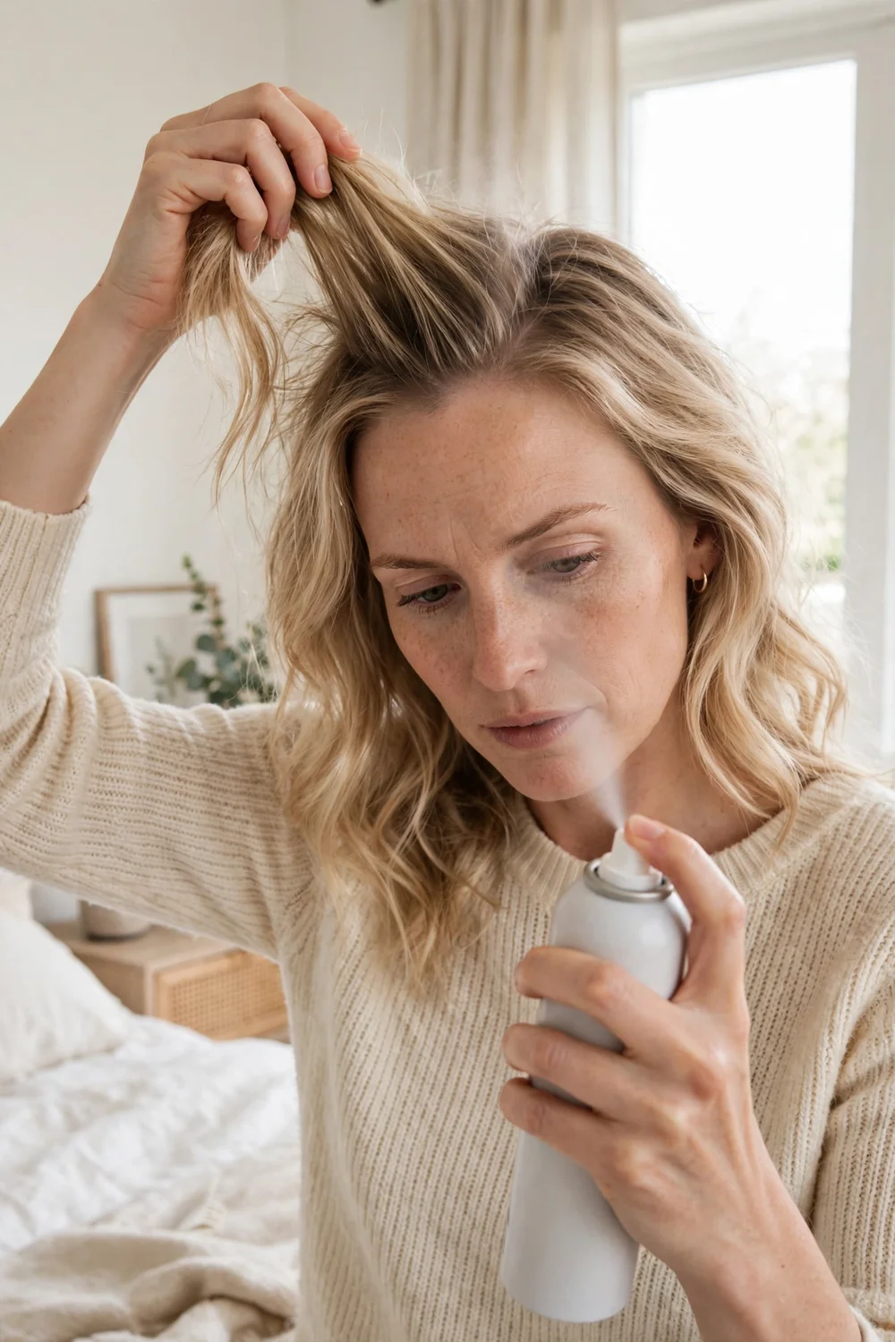 Woman spraying dry shampoo at the roots of her hair