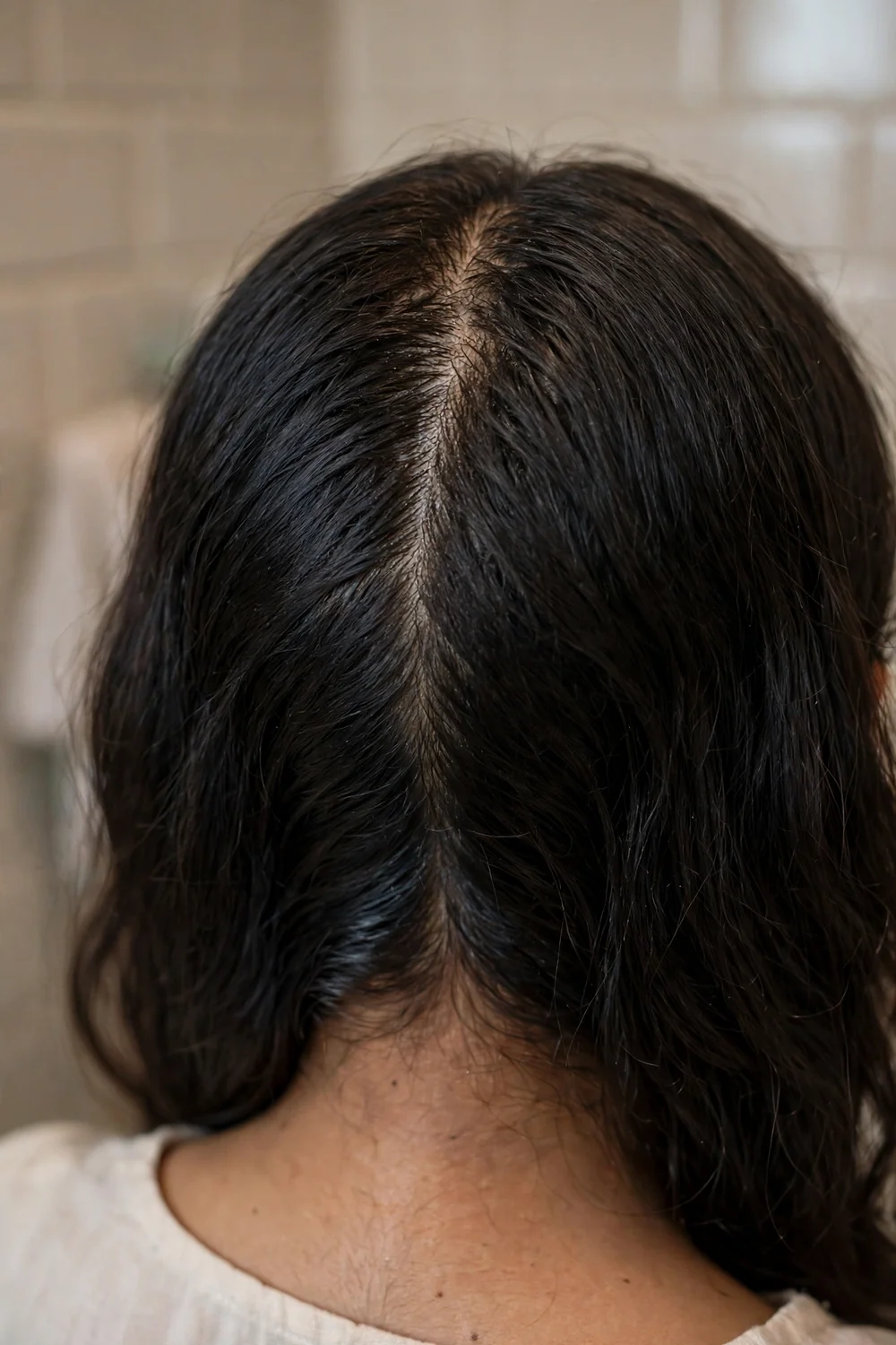 Close-up of hair roots looking oily and separated at the scalp
