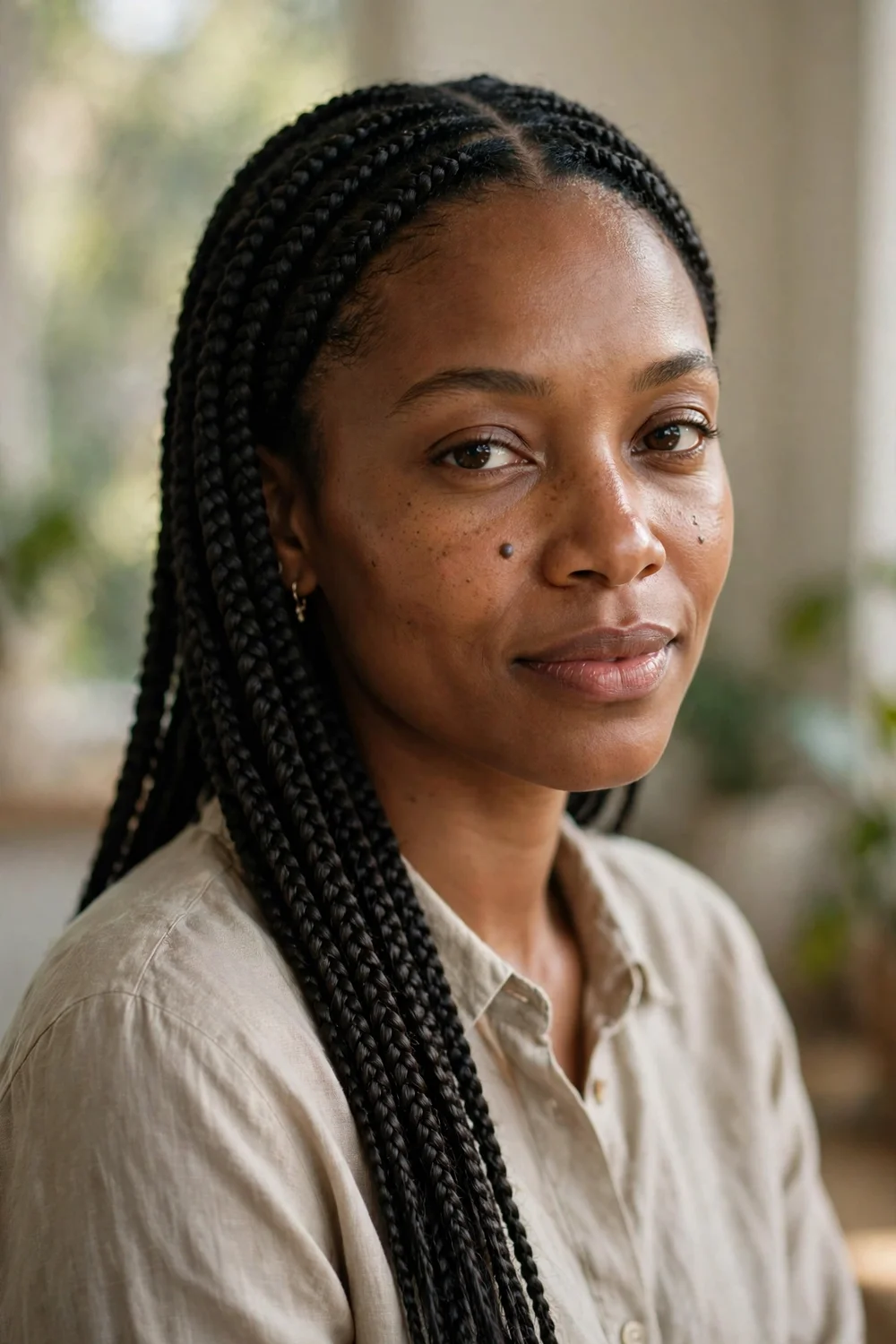 Woman with neat protective braids showing a clean scalp parting