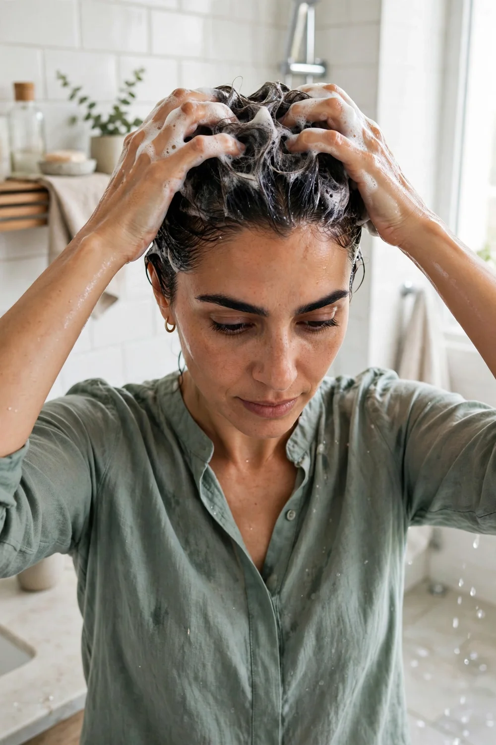 Woman massaging shampoo into her scalp with fingertips