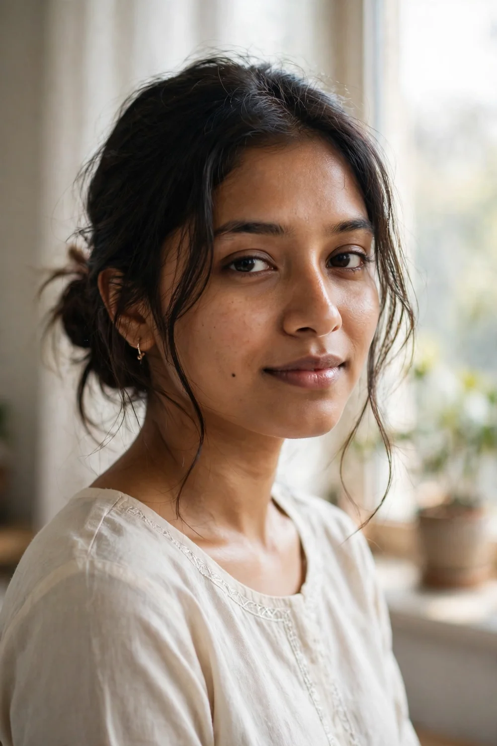 Woman with second-day hair styled in a loose low bun