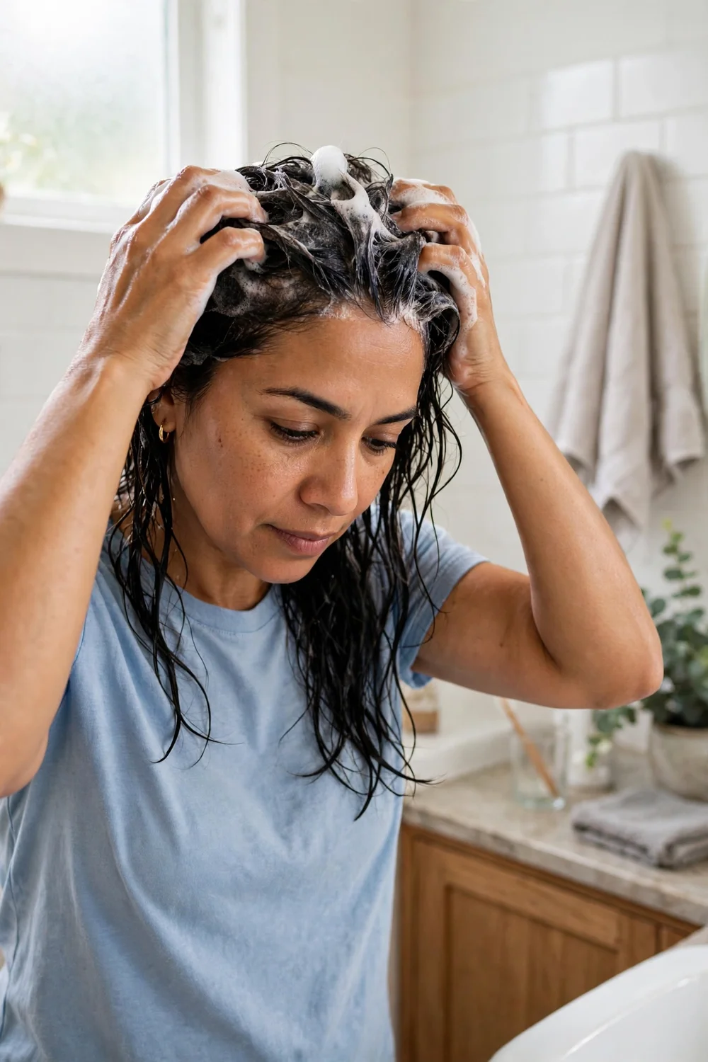 Hands working shampoo lather into the roots of wet hair