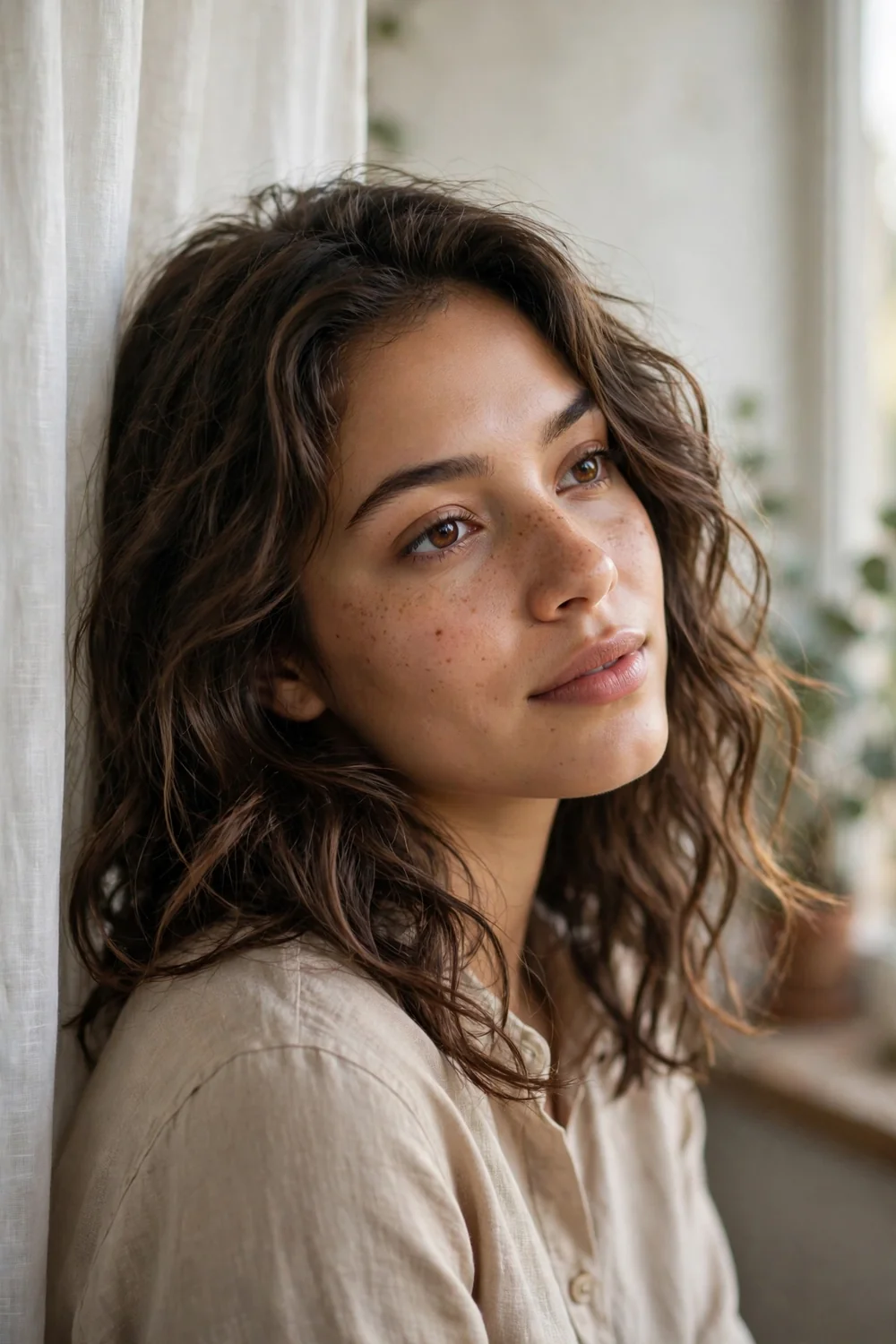 Woman with wavy medium length hair in natural light
