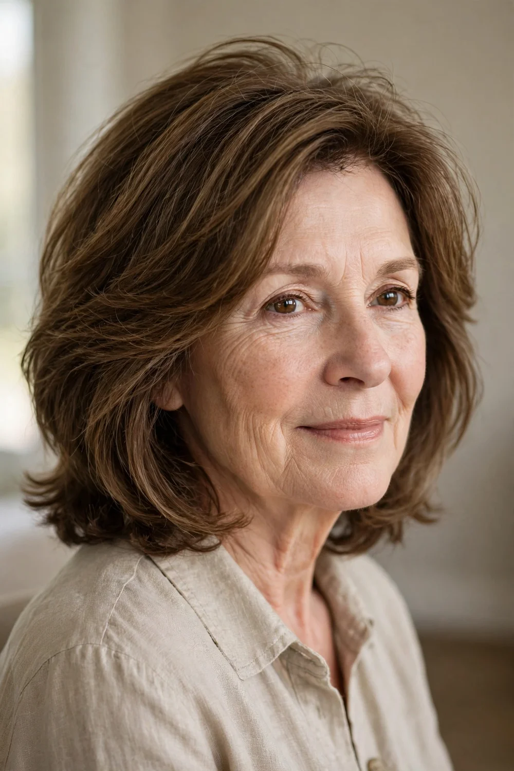 55-year-old woman with medium brown hush cut with soft blended layers, three-quarter view
