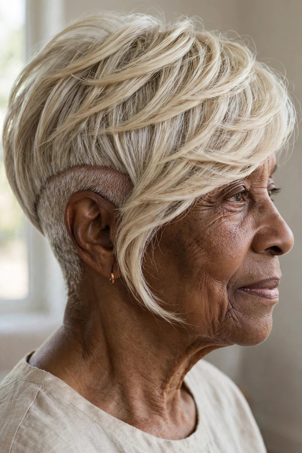 Ice-blonde pixie with buzzed underlayer and side overhang