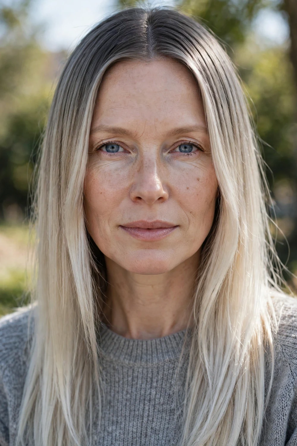 Woman with icy ash blonde balayage and cool shadowed roots