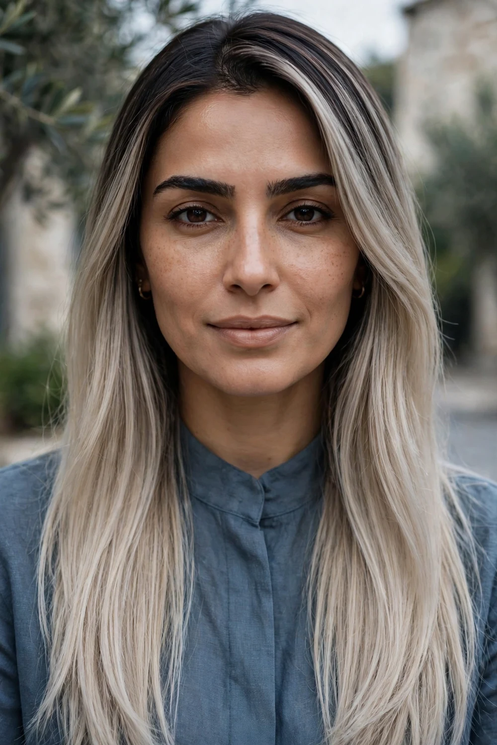Woman with icy beige melt balayage, cool beige toner over bright ends