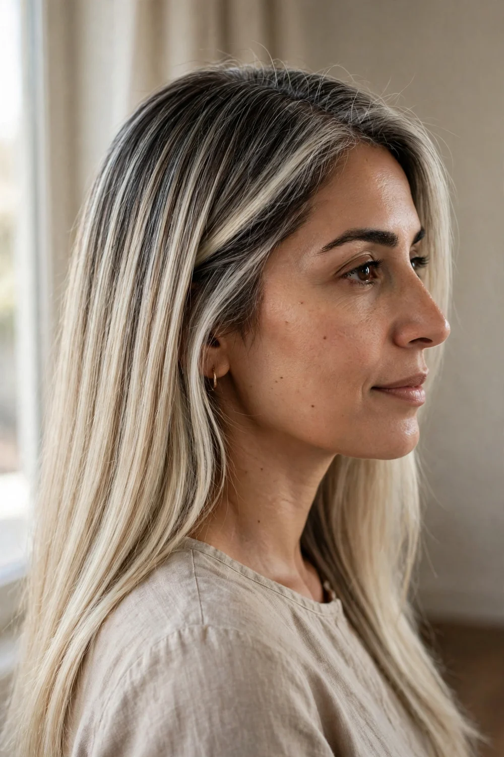 Woman with icy blonde balayage and grayish dark roots