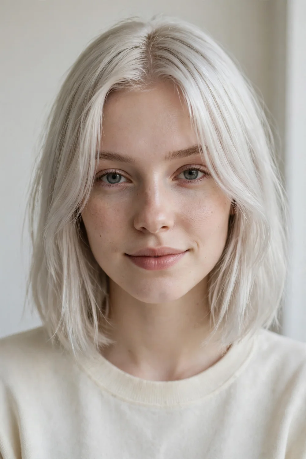 Icy blonde long bob with curtain bangs
