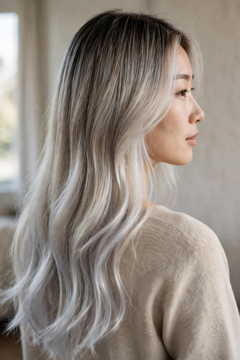 Woman with icy blonde melt hair in long frosty silver-blonde layers