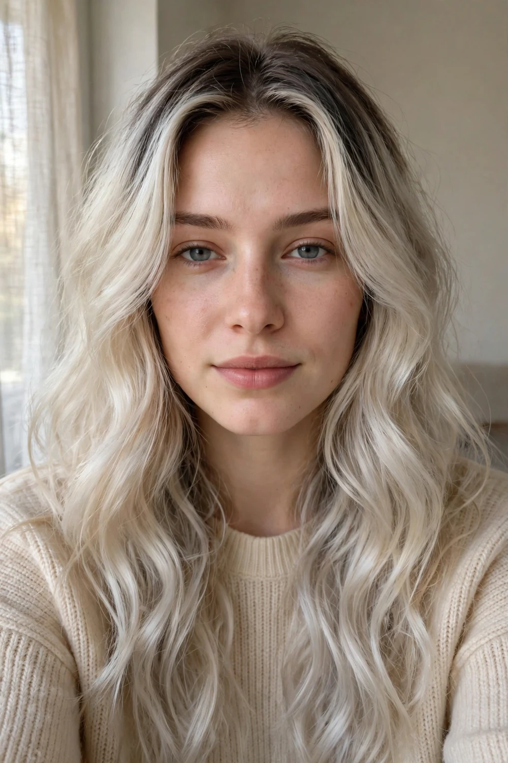 Icy blonde melt with frosty blonde lengths blending from ash-brown roots