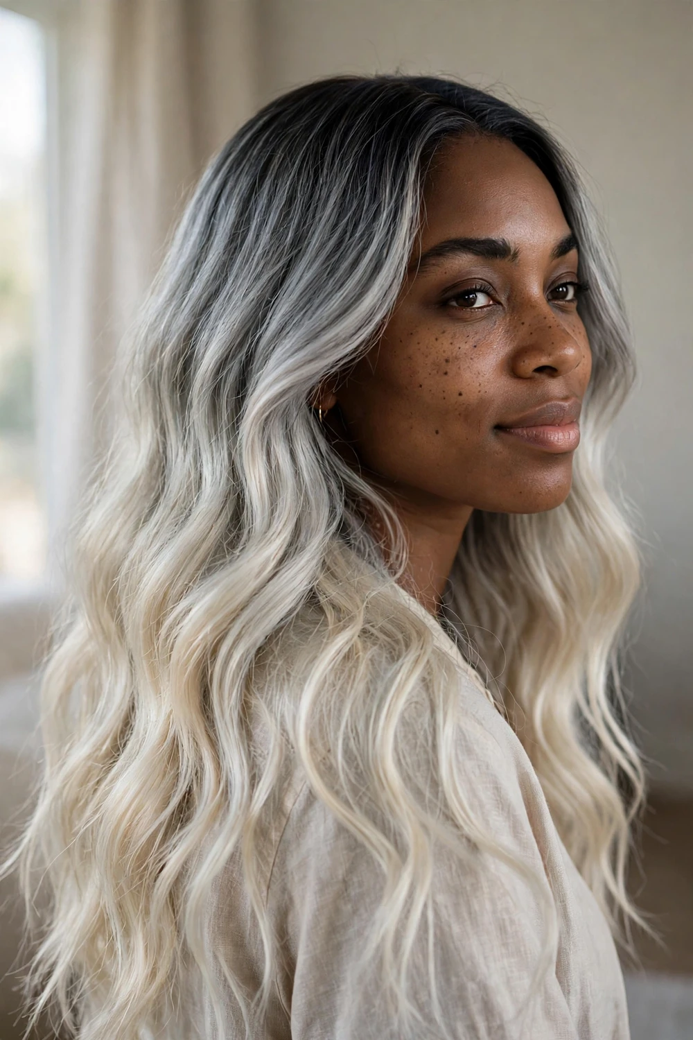 Woman with icy pearl ombre hair with smoky roots melting into pearl blonde ends
