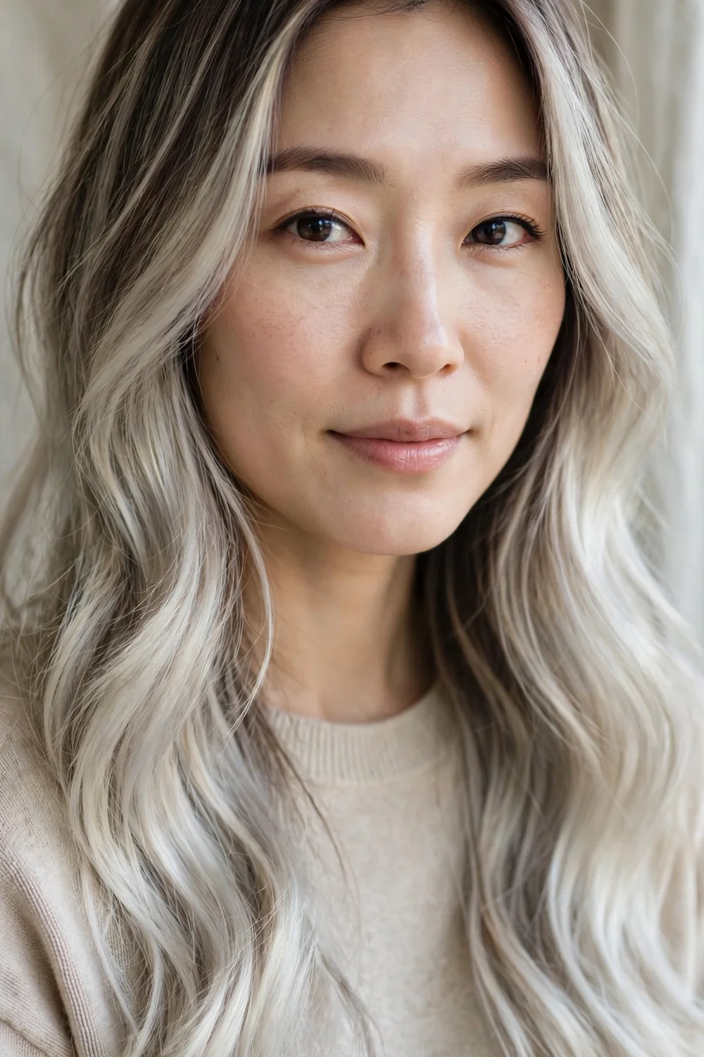 Woman with high-contrast icy platinum balayage highlights on dark brown hair, natural daylight