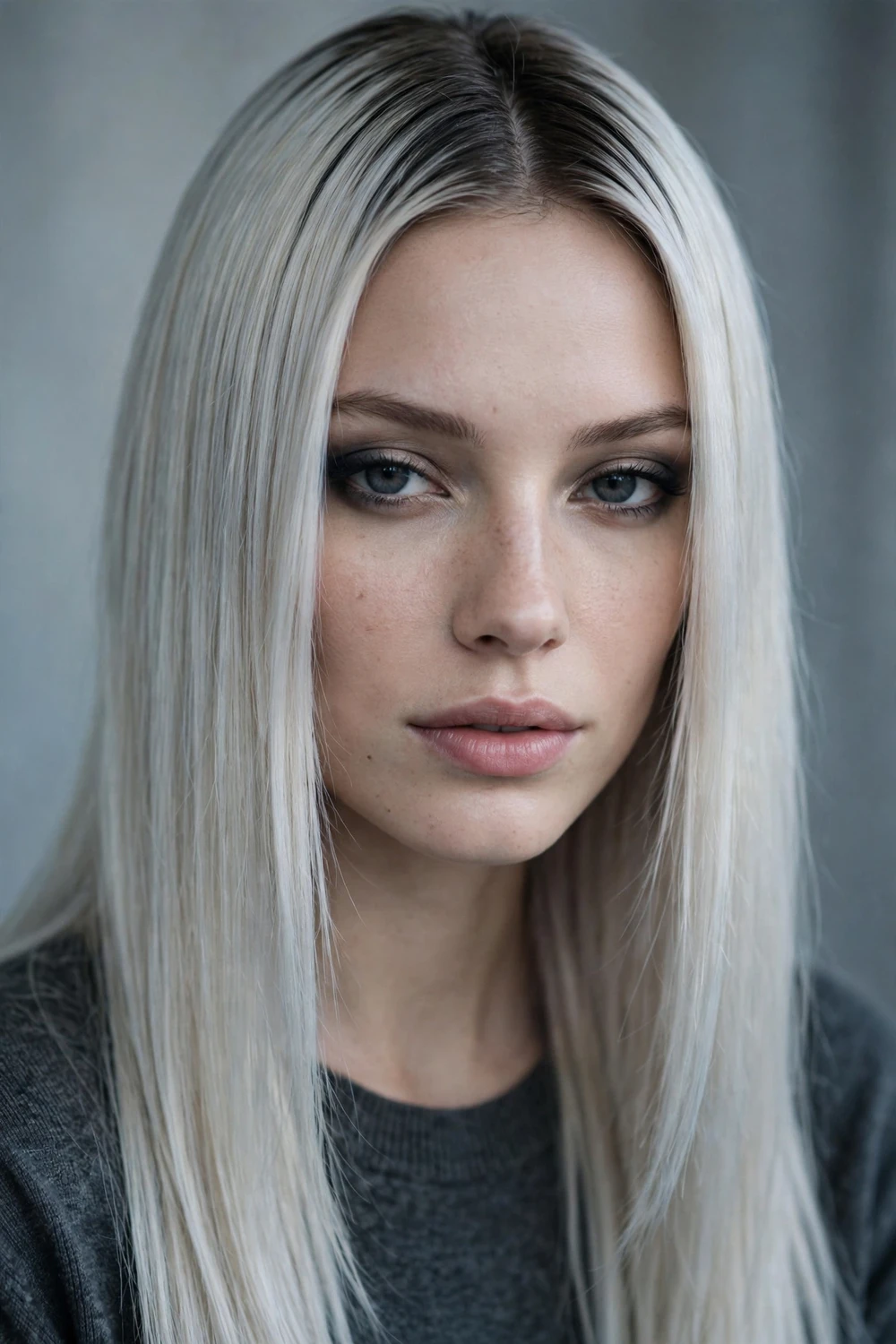 Icy platinum blonde hair with smoky dark root shadow