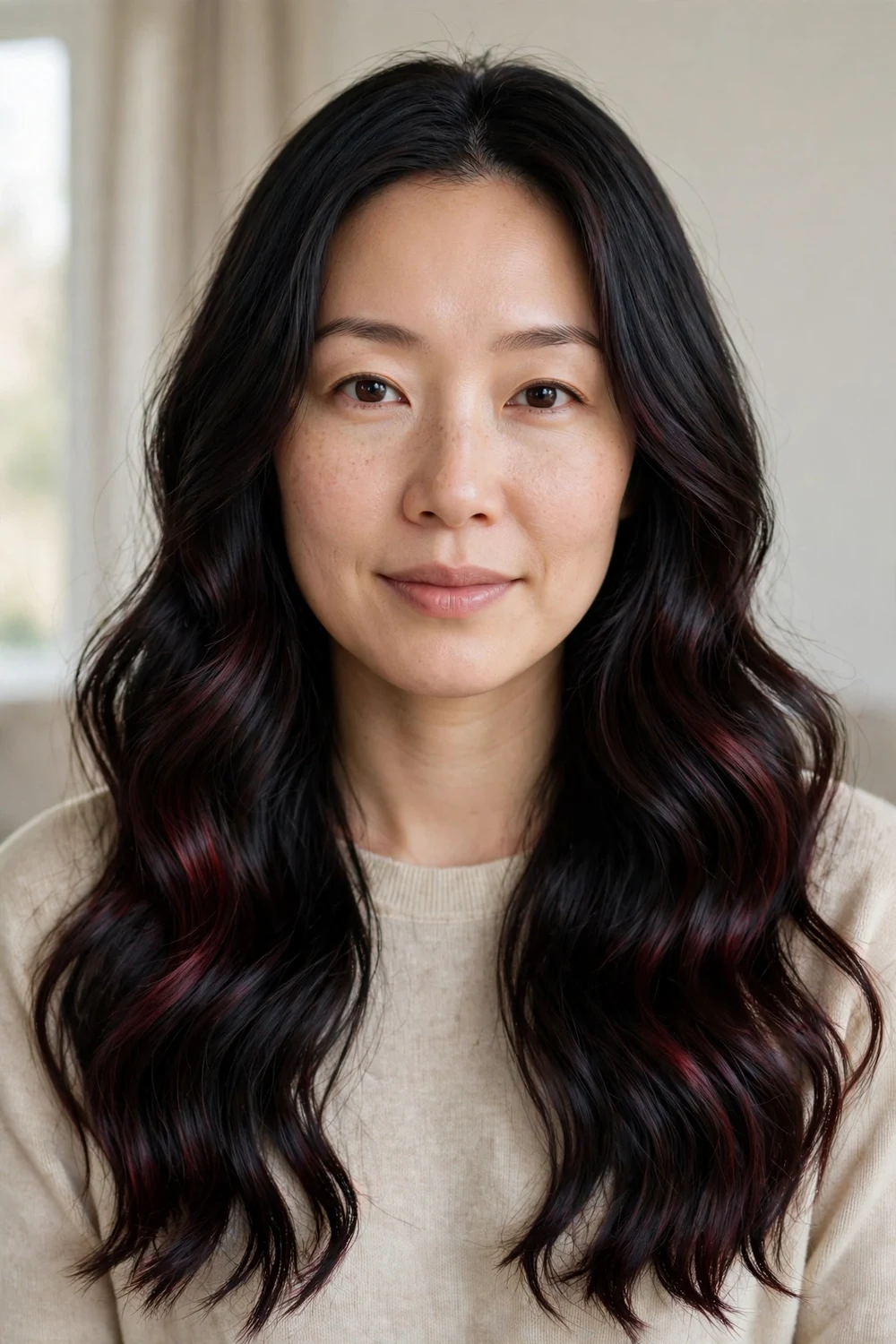 Woman with near-black long wavy hair showing a subtle cherry red gloss sheen