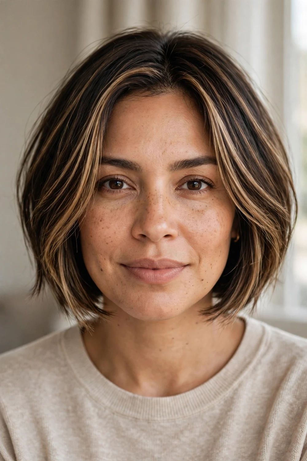 Brunette balayage short bob with face-framing highlights