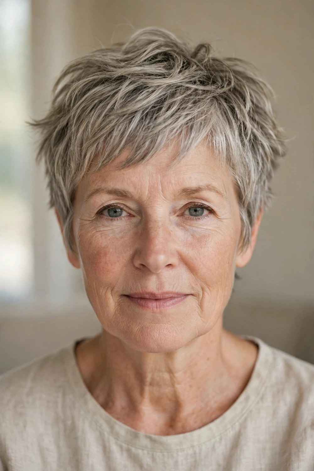 Classic tousled choppy pixie on a woman over 50 with fine gray-blonde hair