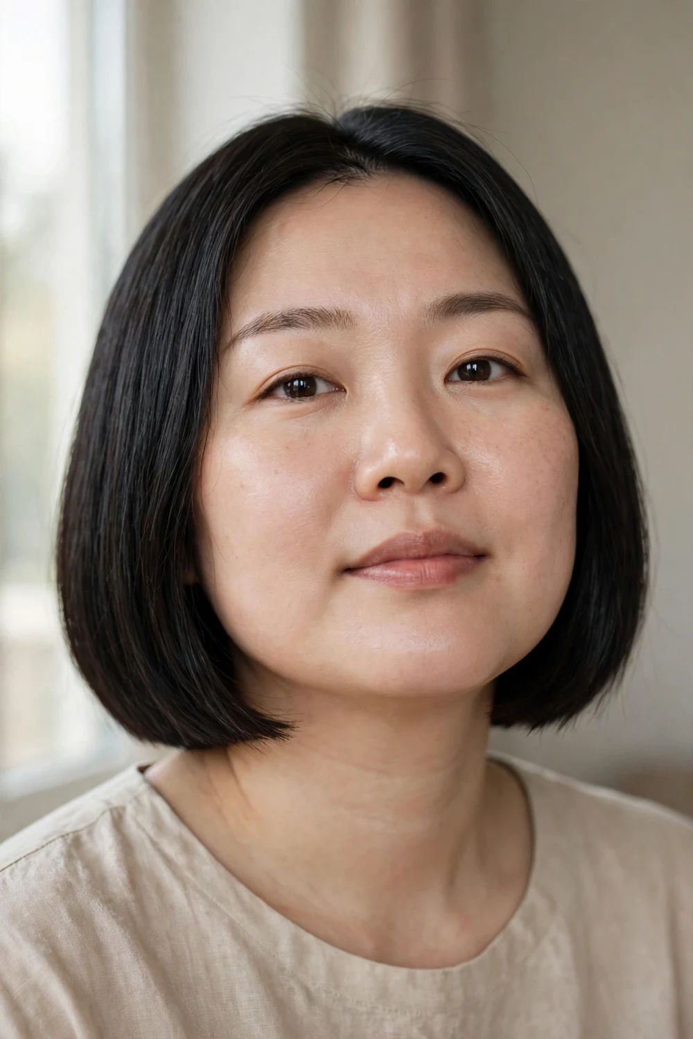 One-length blunt bob on thin hair for a round face