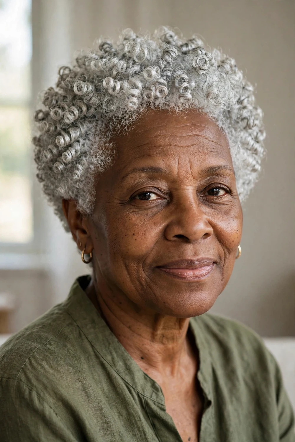 Older woman with tight white-silver corkscrew curls in a rounded short crop