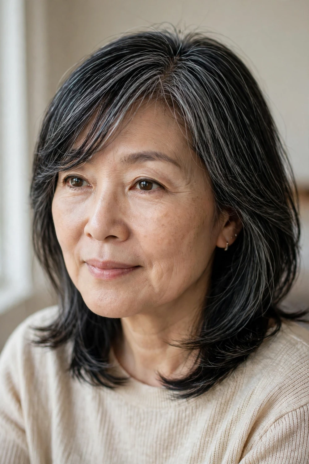 Woman over 50 with soft side-swept bangs on silver-streaked layered hair