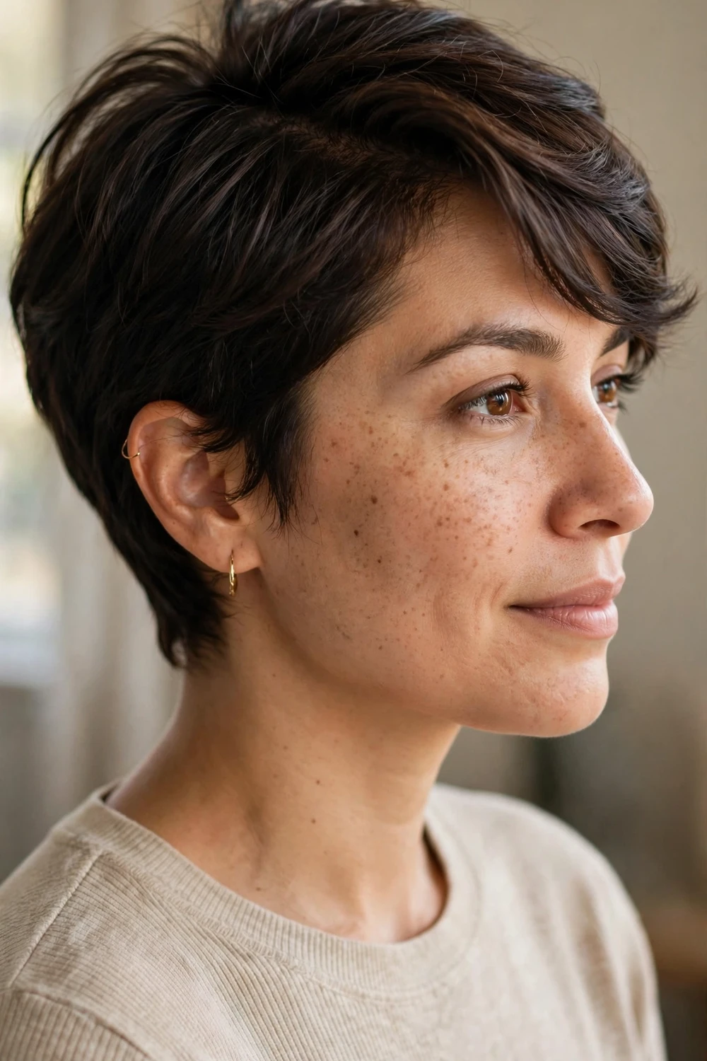 Woman with a soft side-swept pixie cut with lift at the crown and a gentle side-swept fringe