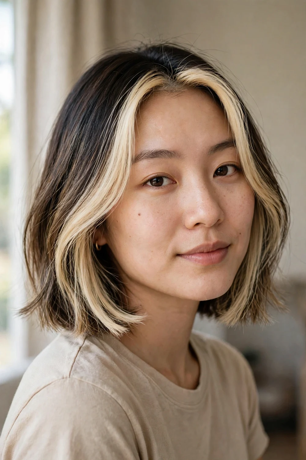 Short bob with blonde balayage and money piece