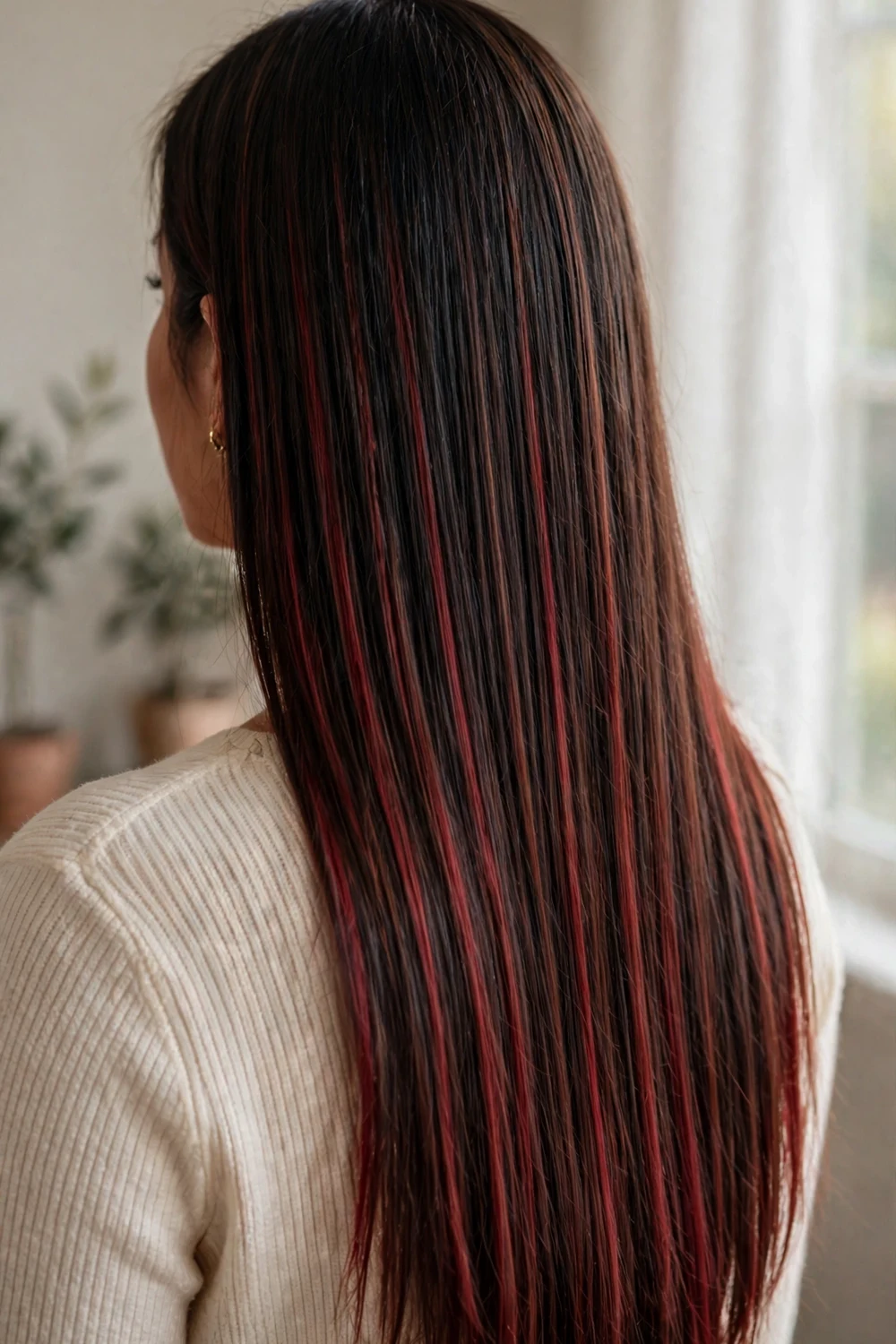 Dark brunette hair with slim cherry cola ribbon highlights through mid-lengths