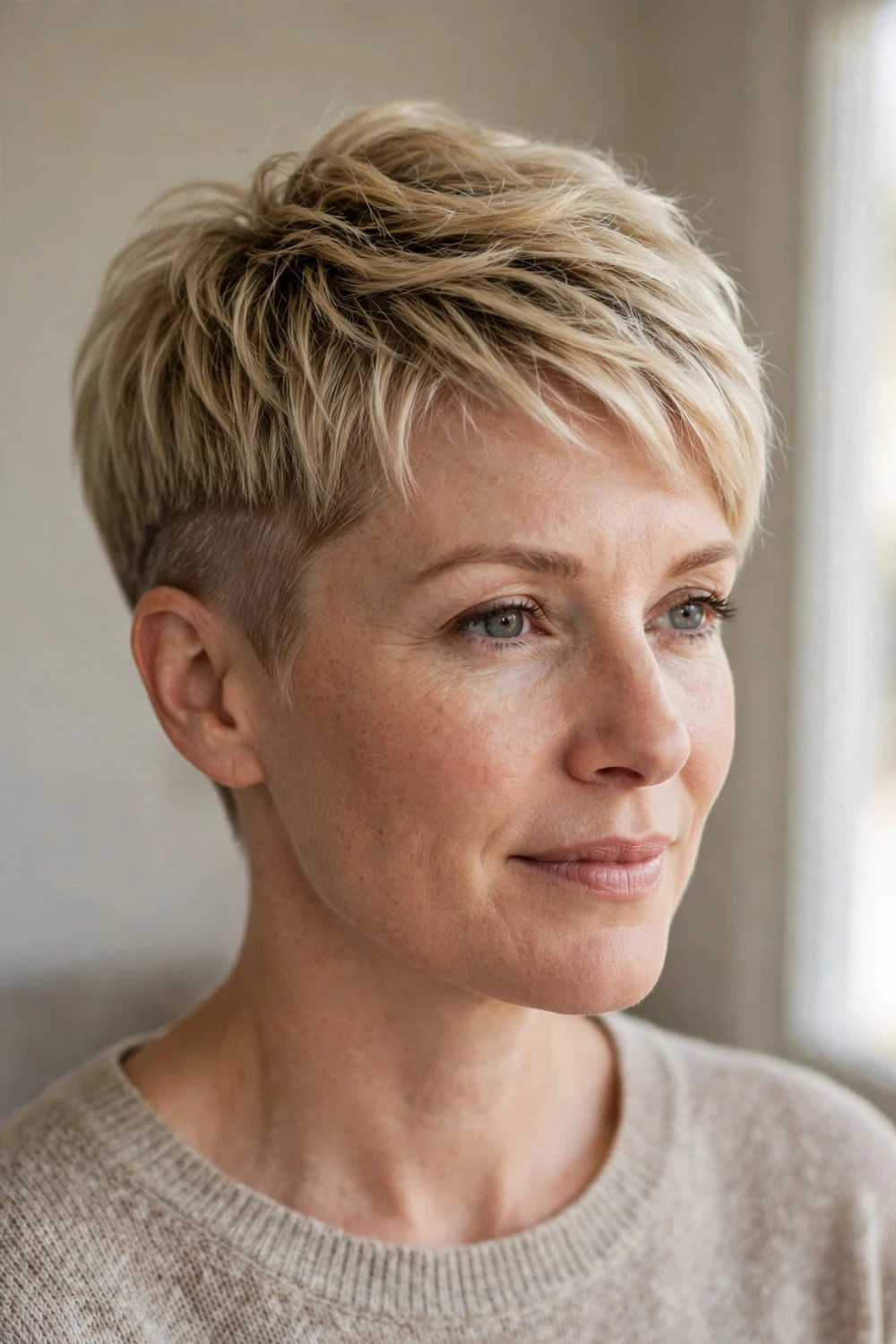 Woman with a classic tapered blonde pixie cut with close-cut sides and a textured top