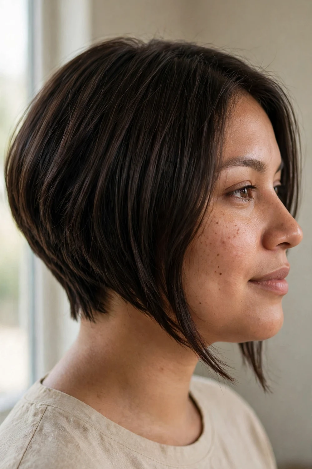 Inverted angled bob with stacked back for thin hair and round face