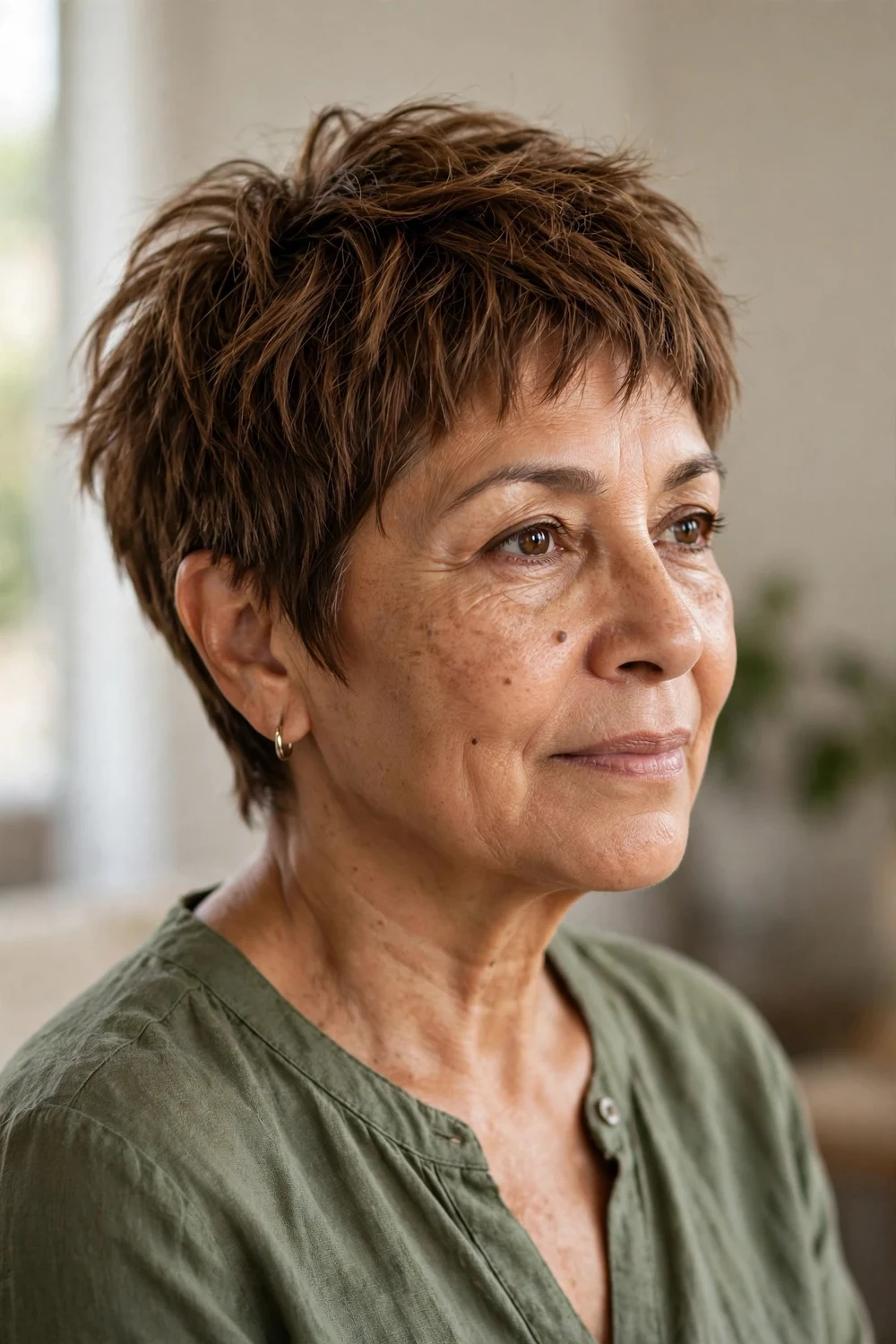 Choppy pixie with point-cut layers on fine medium-brown hair, woman over 50