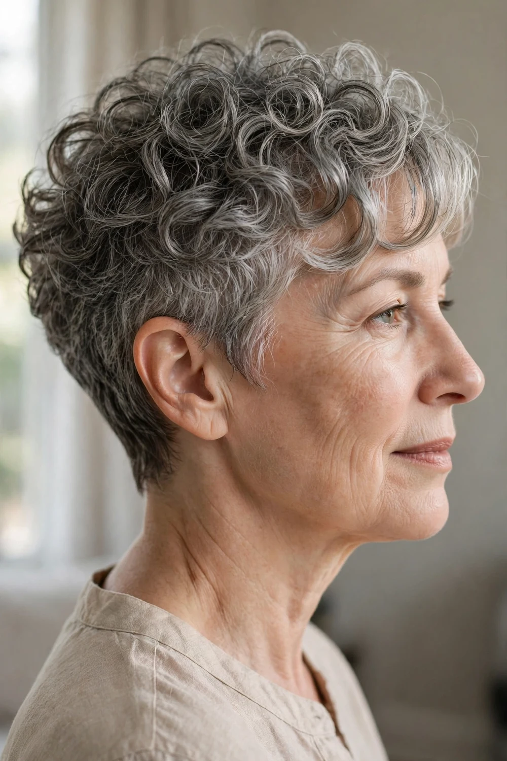 Woman over 50 with short textured gray curly crop showing defined volume