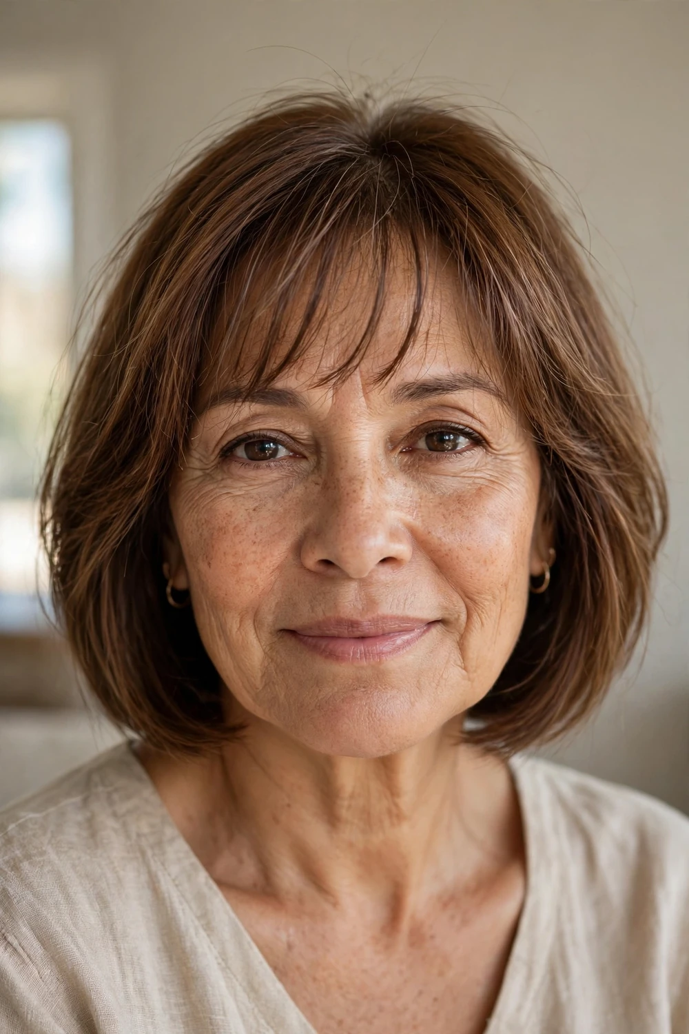 Woman over 50 with wispy bangs on a chestnut brown chin-length bob