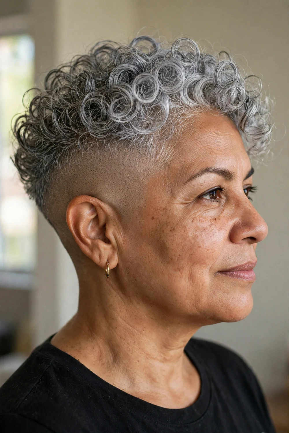 Silver gray curly crop with a closely shaved undercut on the sides