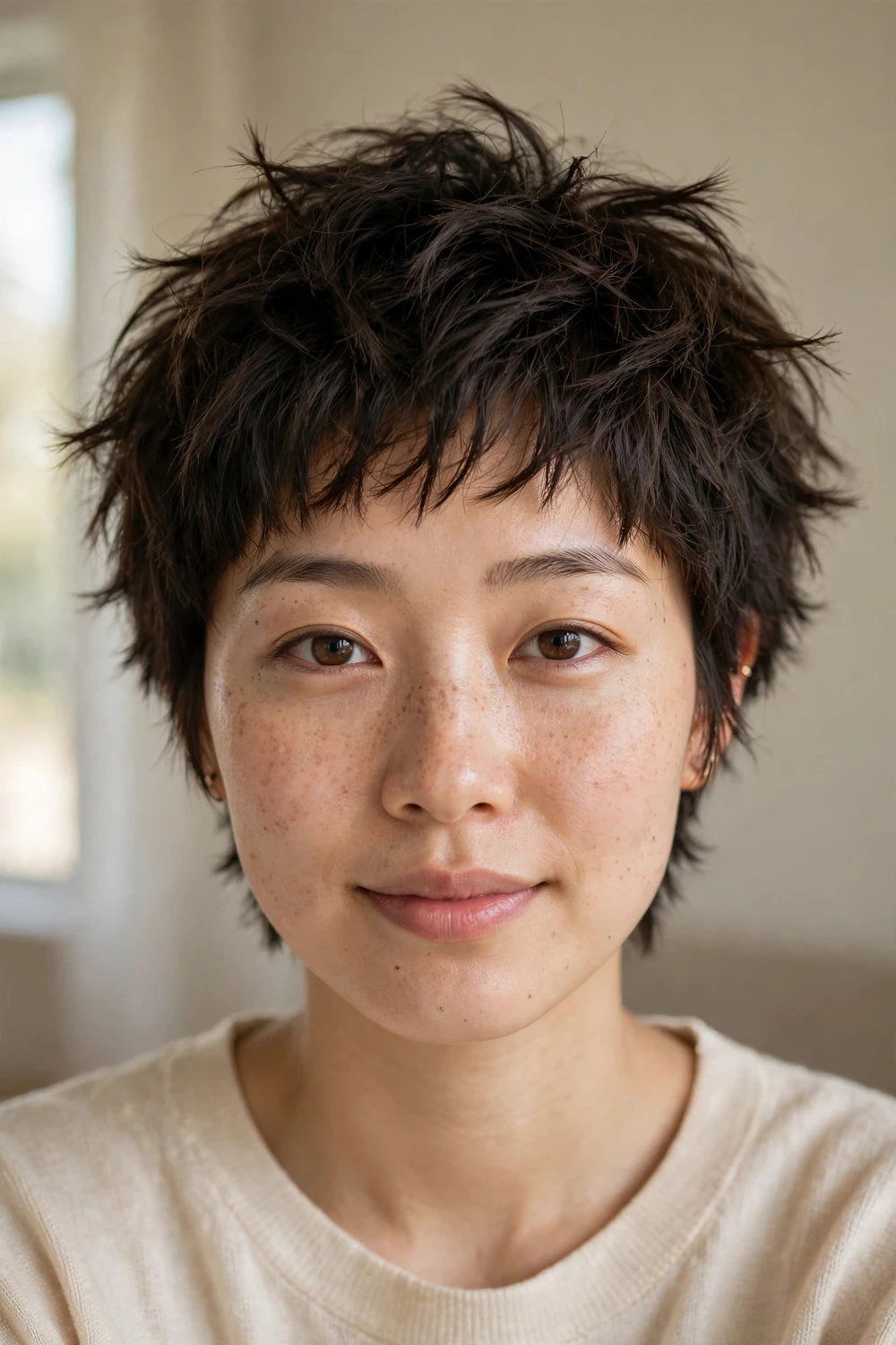 Woman with a choppy textured pixie cut with piecey uneven layers