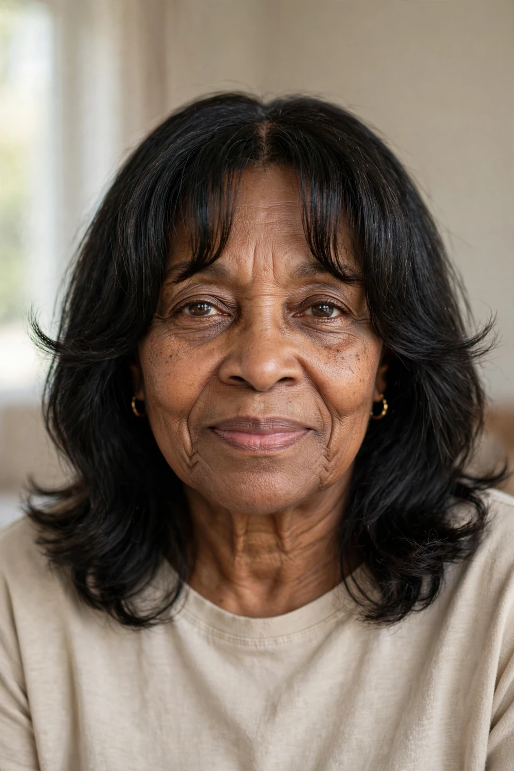 Woman over 50 with curtain bangs parted in the middle framing her face