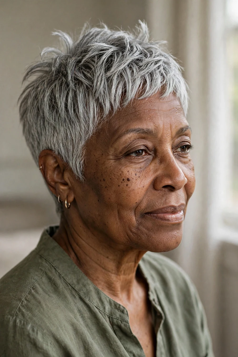 Piece-y silver choppy pixie on a woman over 50 with fine gray hair