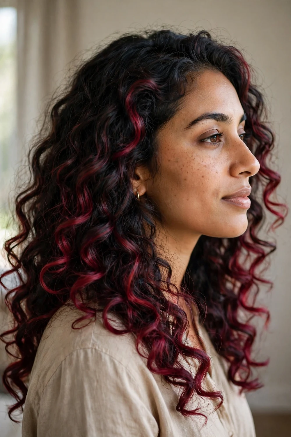 Long curly dark hair with burgundy cherry flashes on the outer coils