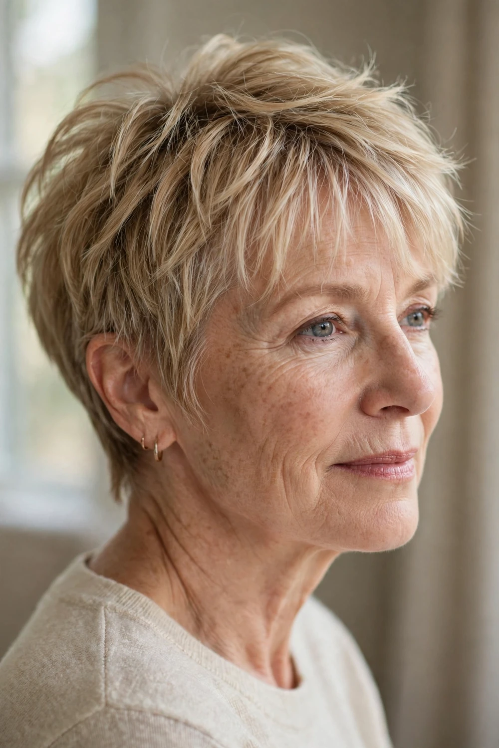 Woman over 50 with light feathered bangs on a honey blonde textured pixie