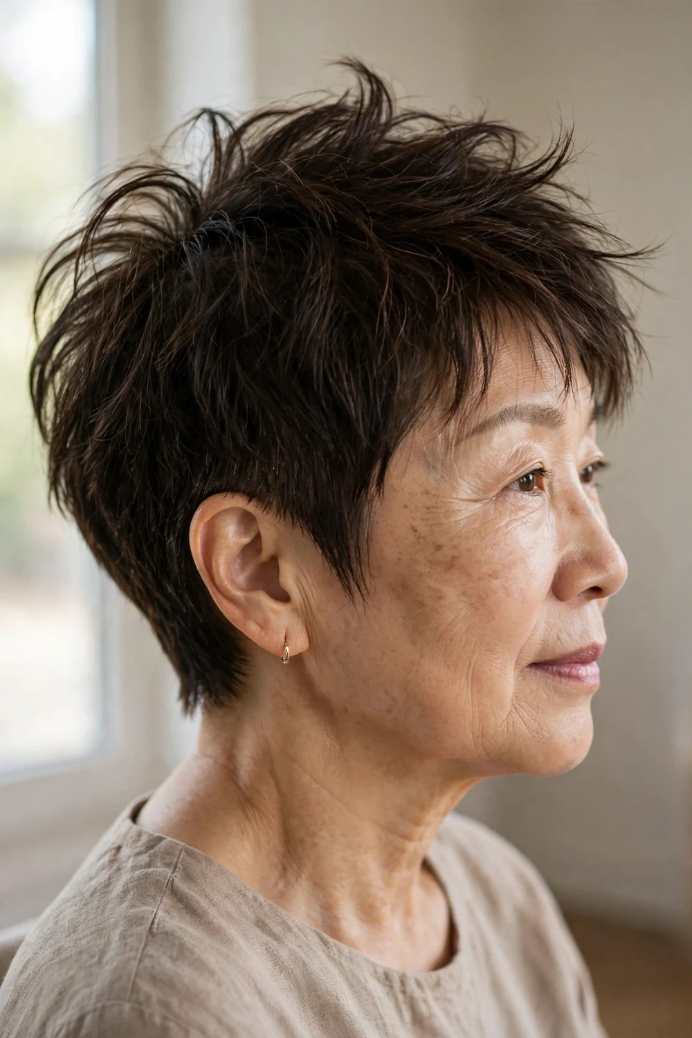 Long choppy pixie with longer textured top on fine dark hair, woman over 50