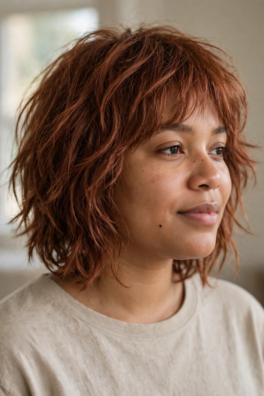 Shaggy bob with choppy layers for thin hair and round face