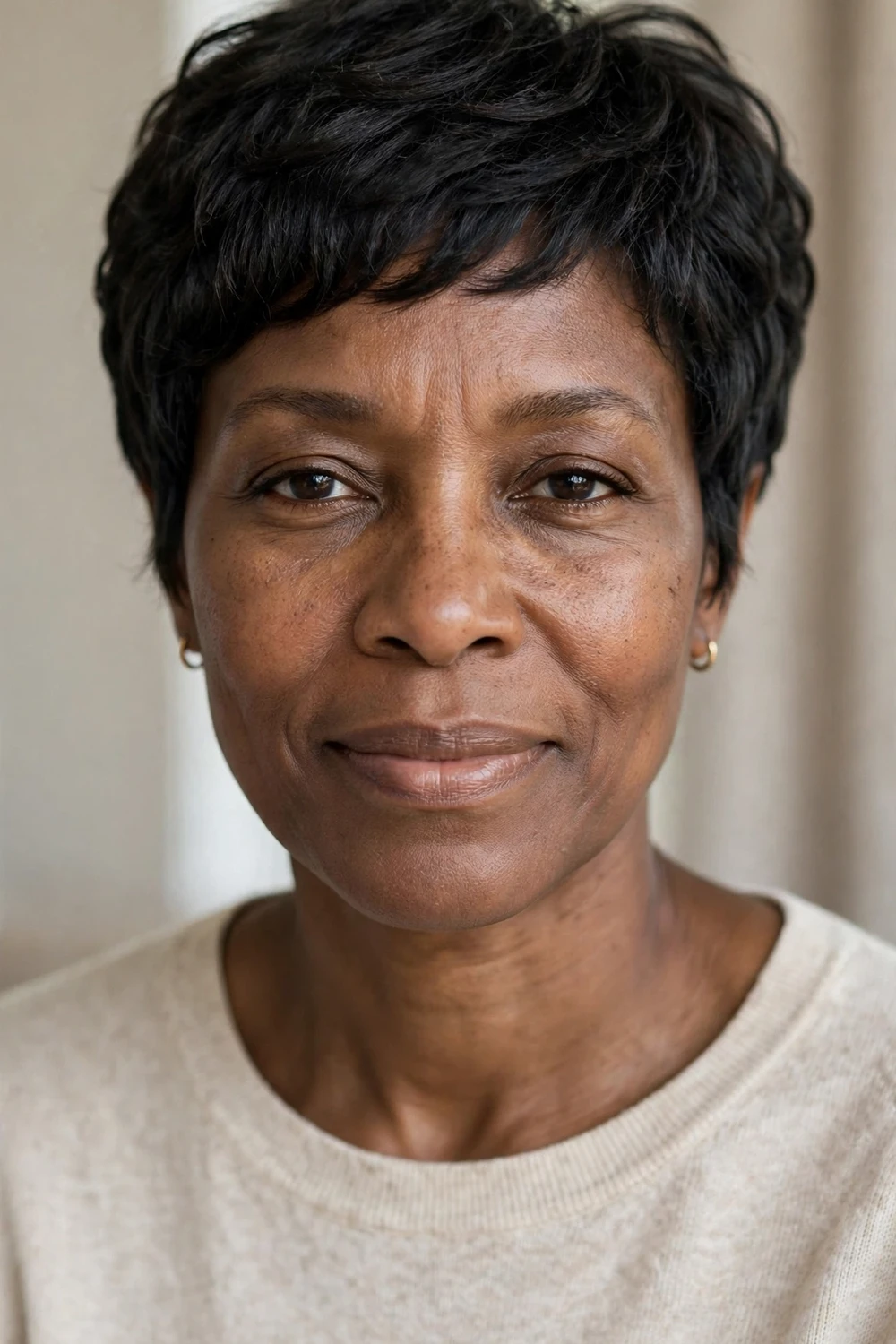 Woman with a short soft wash-and-go pixie cut with gentle layering