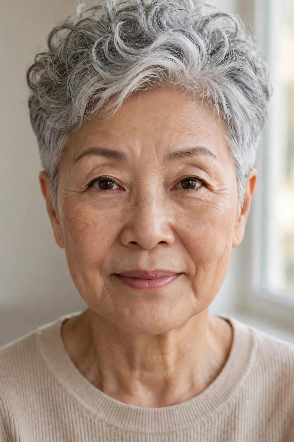 Silver pixie with tapered sides and curly volume through the top