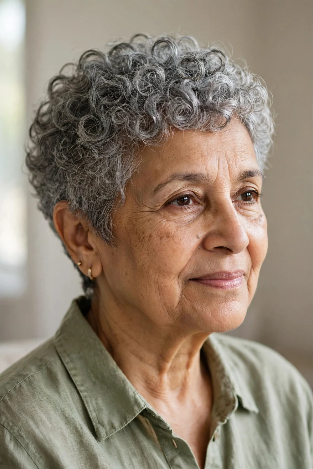 Gray pixie cut with clearly defined curls on a mature woman