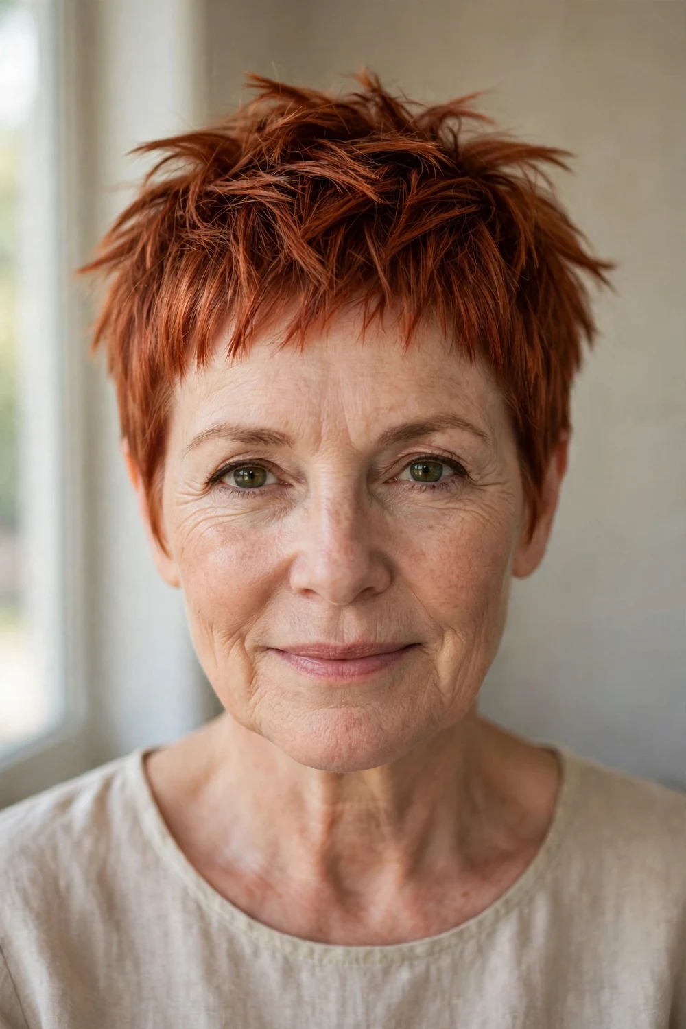 Edgy choppy pixie with jagged ends on fine copper hair, woman over 50