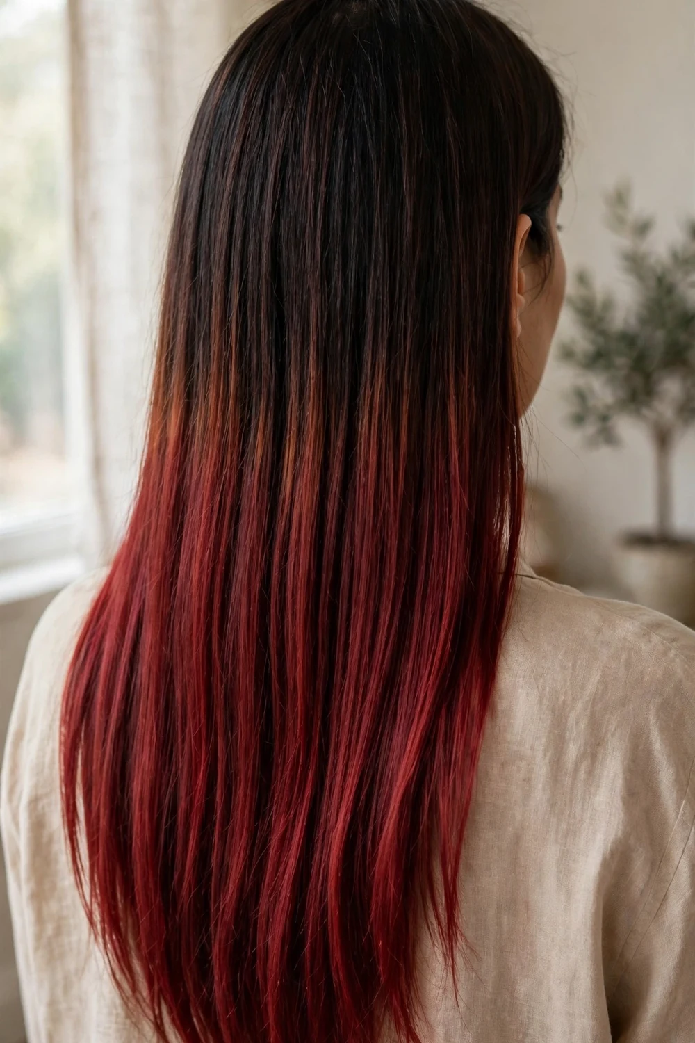 Long straight dark hair with cherry cola color starting at the mid-shaft