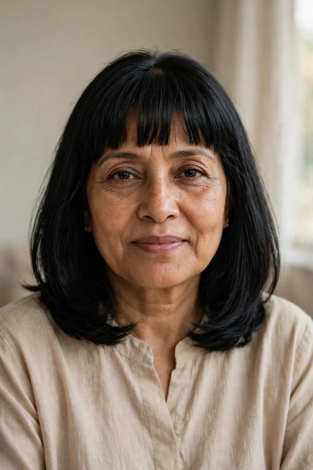 Woman over 50 with soft blunt straight-across bangs on jet black shoulder-length hair