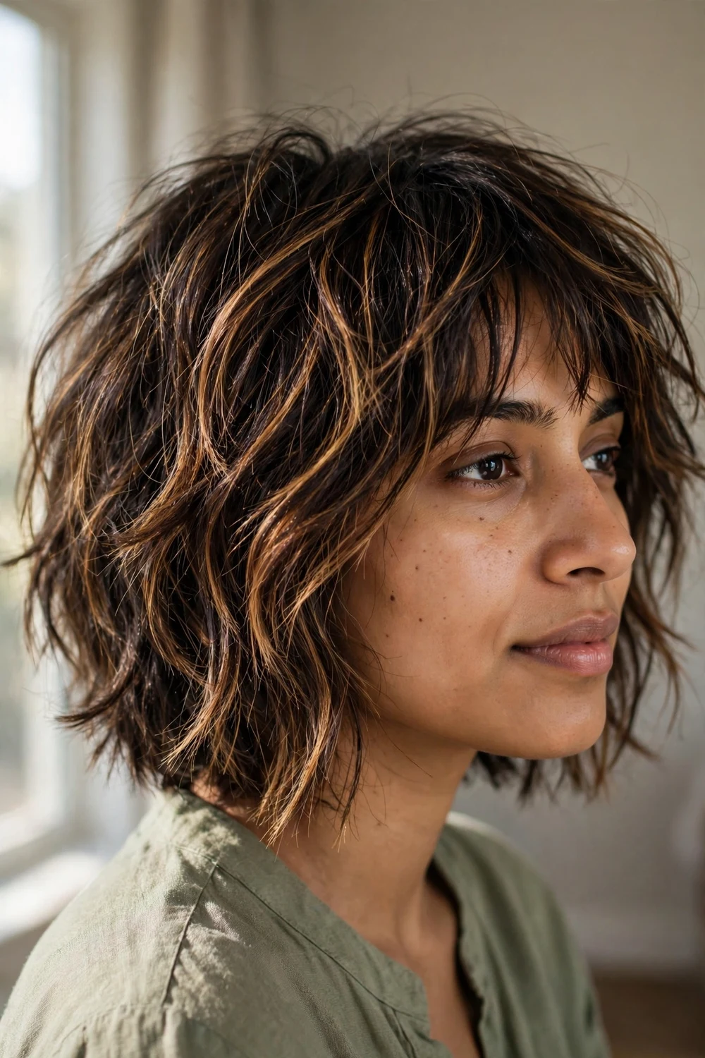 Textured shaggy bob with caramel balayage