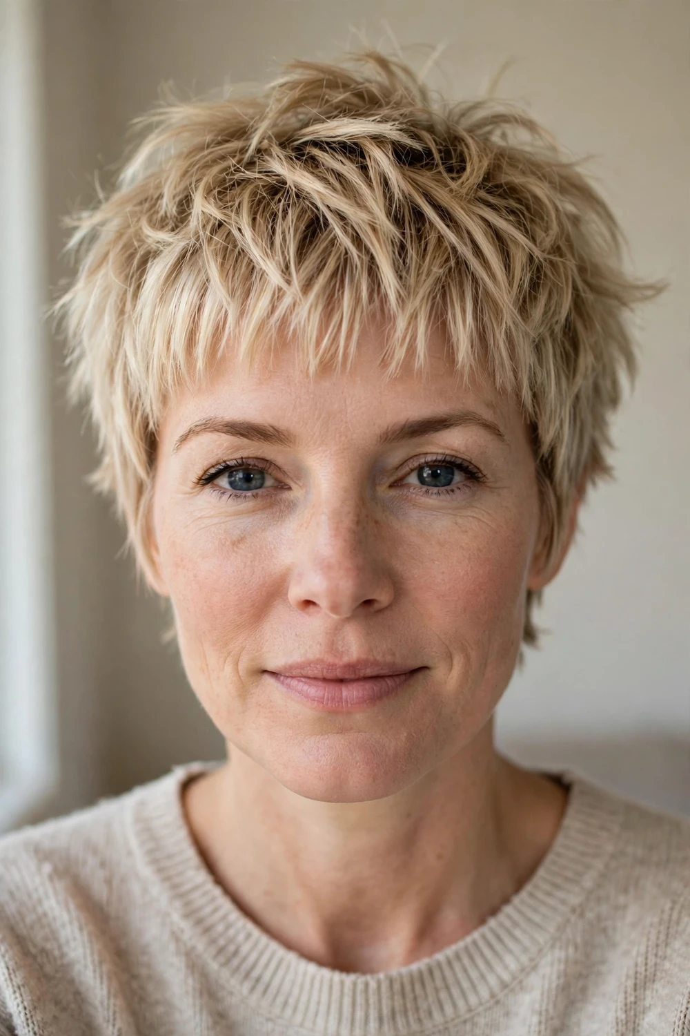 Woman with a tousled champagne blonde pixie cut with a choppy fringe