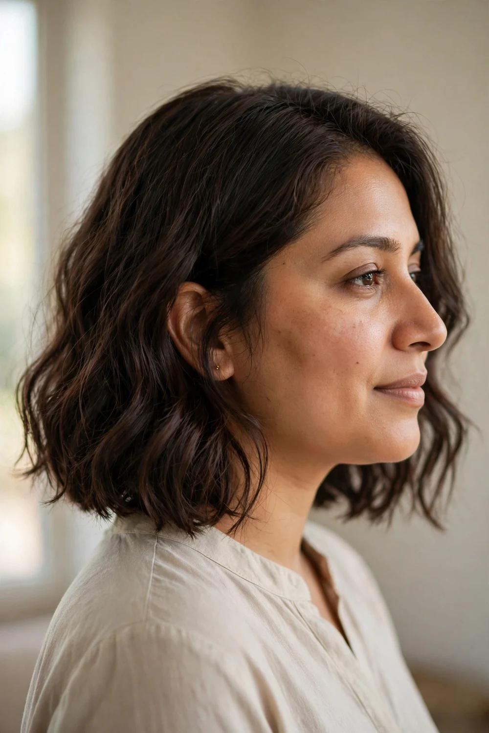 Wavy bob with soft waves for thin hair and round face