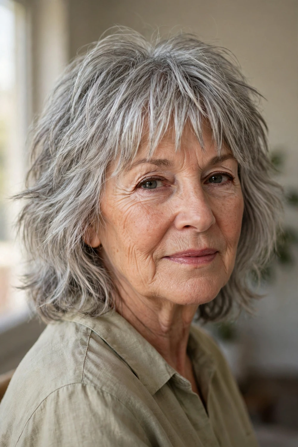 Woman over 50 with choppy textured bangs on a silver gray shag haircut